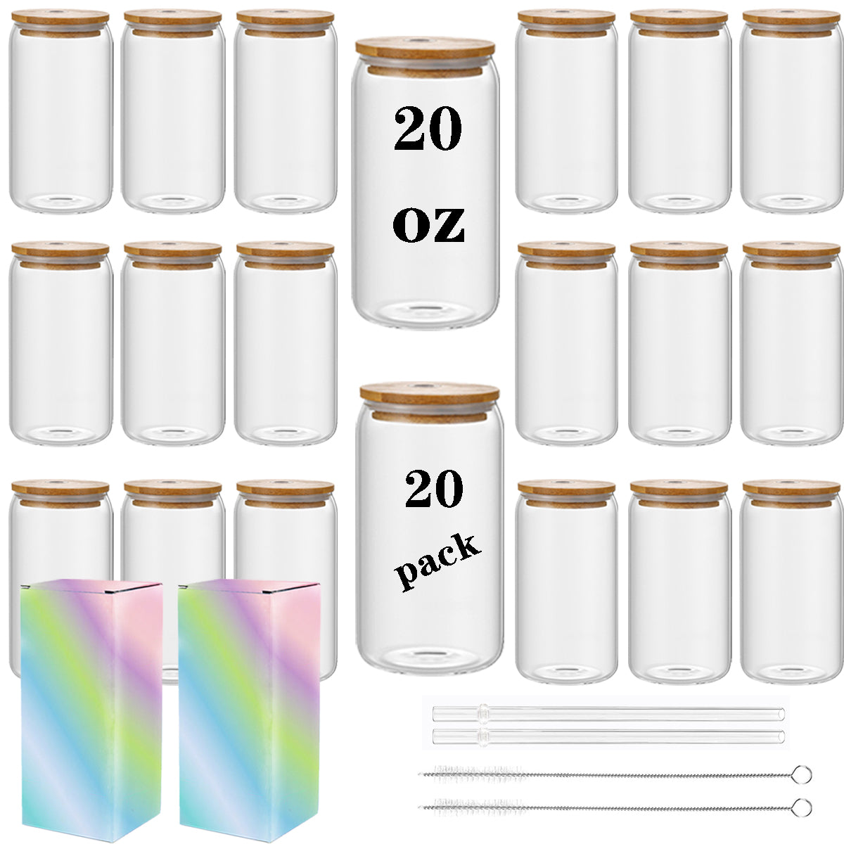 20 Pack Sublimation Frosted Glass Cup 16OZ with Lids, Straws, Brush and Boxes