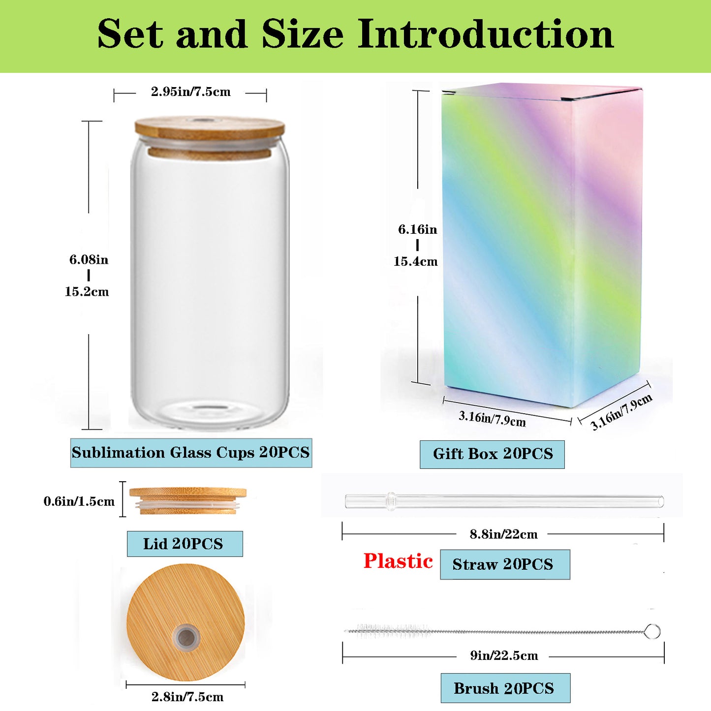 20 Pack Sublimation Frosted Glass Cup 16OZ with Lids, Straws, Brush and Boxes