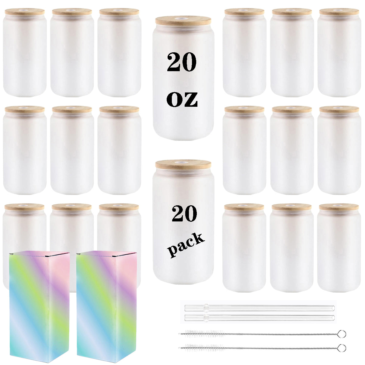 20 Pack Sublimation Frosted Glass Cup 16OZ with Lids, Straws, Brush and Boxes