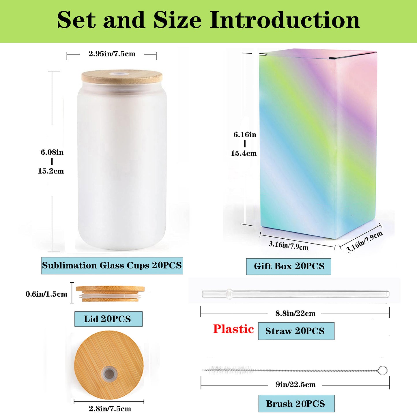20 Pack Sublimation Frosted Glass Cup 16OZ with Lids, Straws, Brush and Boxes