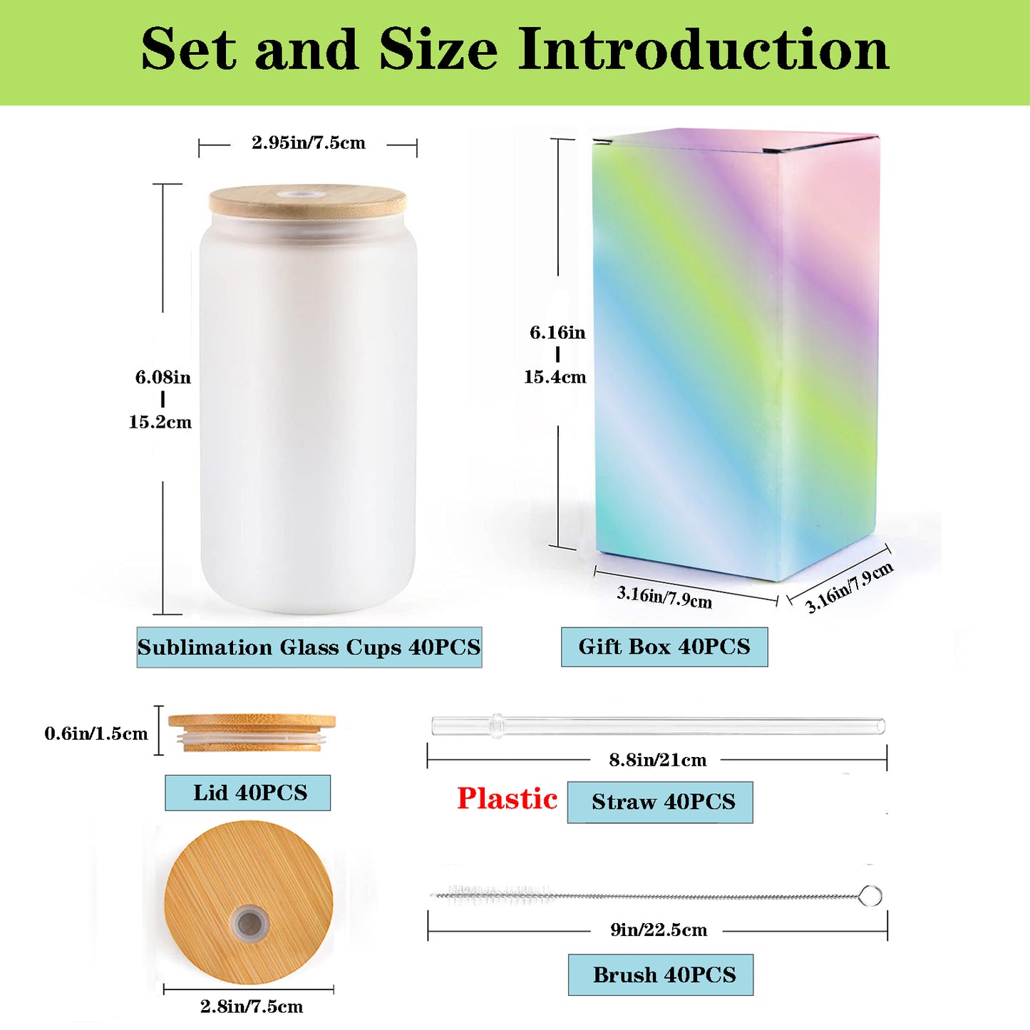 40Pack Frosted/Clear 16OZ Sublimation Glass Cups with Bamboo Lids and Straws