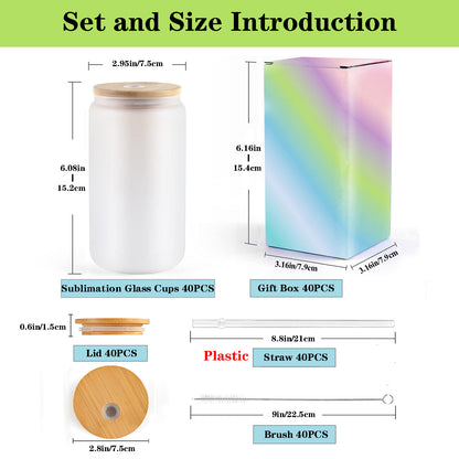 40Pack Frosted/Clear 16OZ Sublimation Glass Cups with Bamboo Lids and Straws