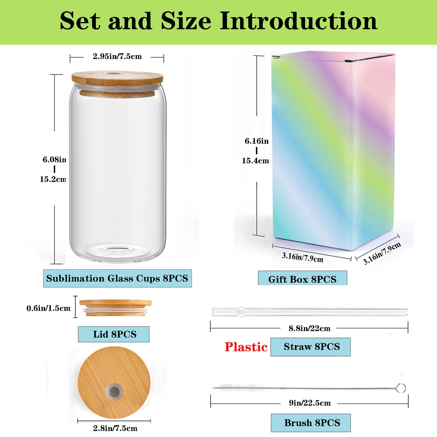 8 Pack Frosted/Clear Sublimation Glass Cup 16OZ with Lids, Straws, Brush and Boxes