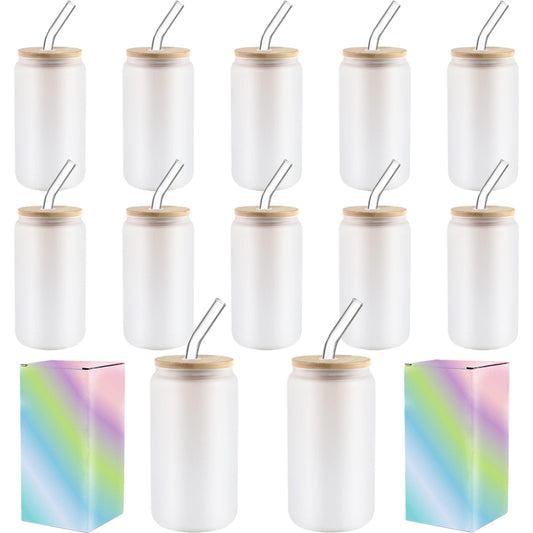 12 Pack Sublimation Frosted Glass Cup 16OZ with Lids, Straws, Brush and Boxes