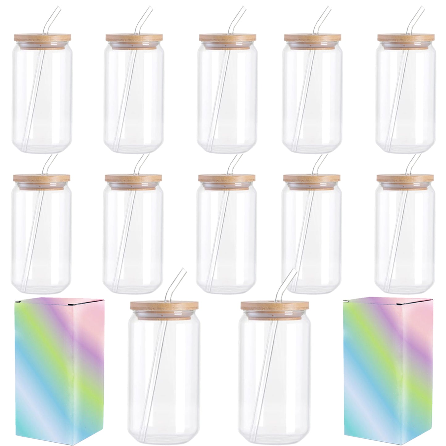 12 Pack Sublimation Frosted Glass Cup 16OZ with Lids, Straws, Brush and Boxes