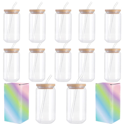 12 Pack Sublimation Frosted Glass Cup 16OZ with Lids, Straws, Brush and Boxes