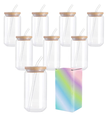8 Pack Frosted/Clear Sublimation Glass Cup 16OZ with Lids, Straws, Brush and Boxes